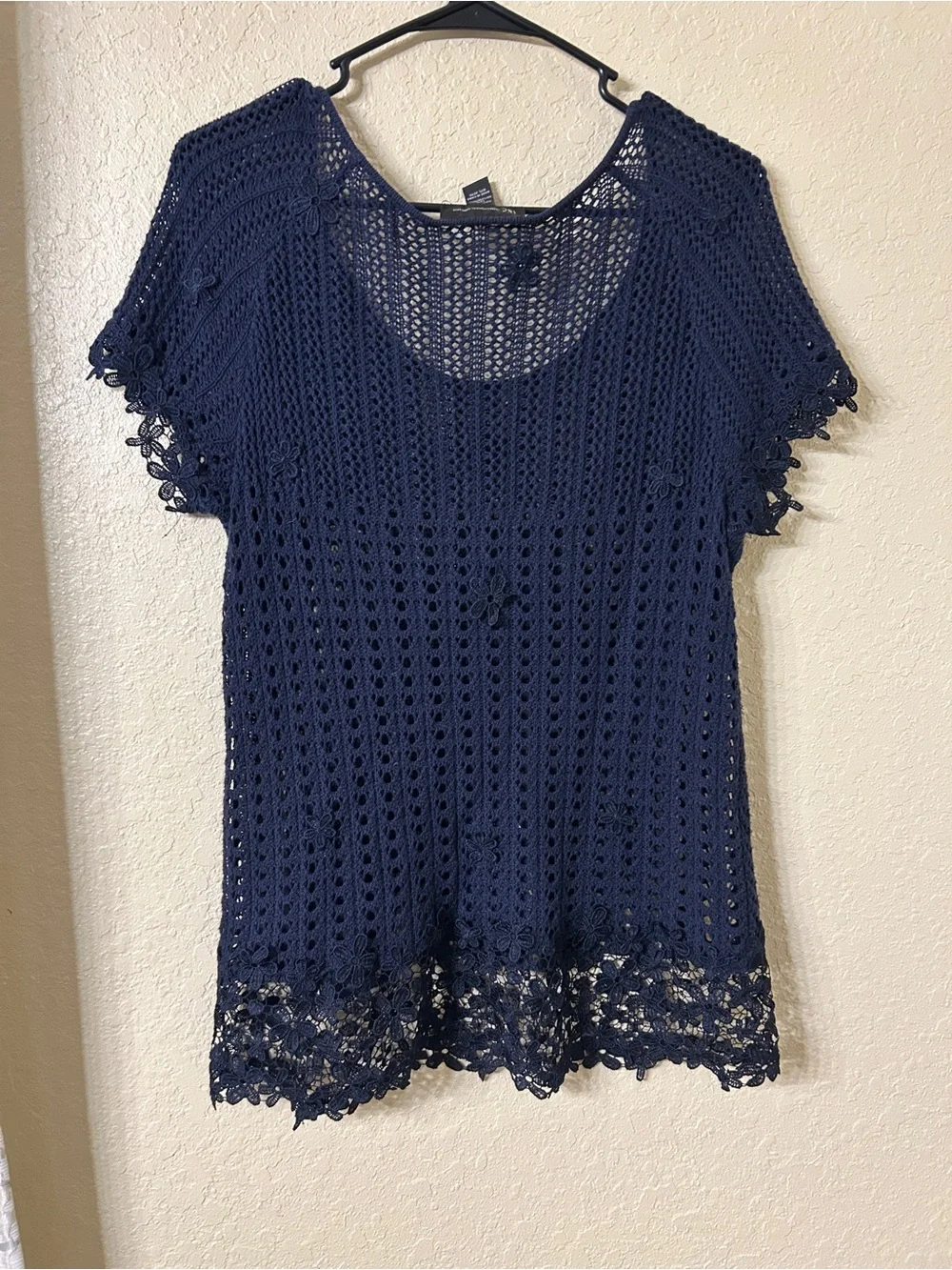 INC International Concepts Navy Blue Crochet Open Knit Top Lace Appliqué M-L105